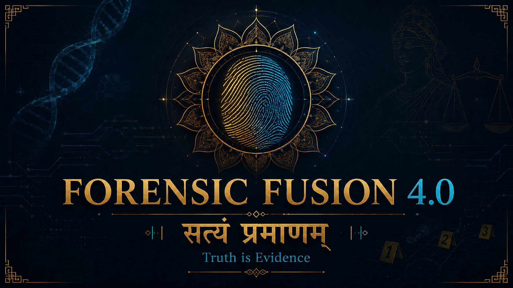 Forensic Fusion 4.0 official theme artwork featuring a gold and blue fingerprint mandala, DNA, Krishna, scales of justice and the theme सत्यं प्रमाणम् — Truth is Evidence